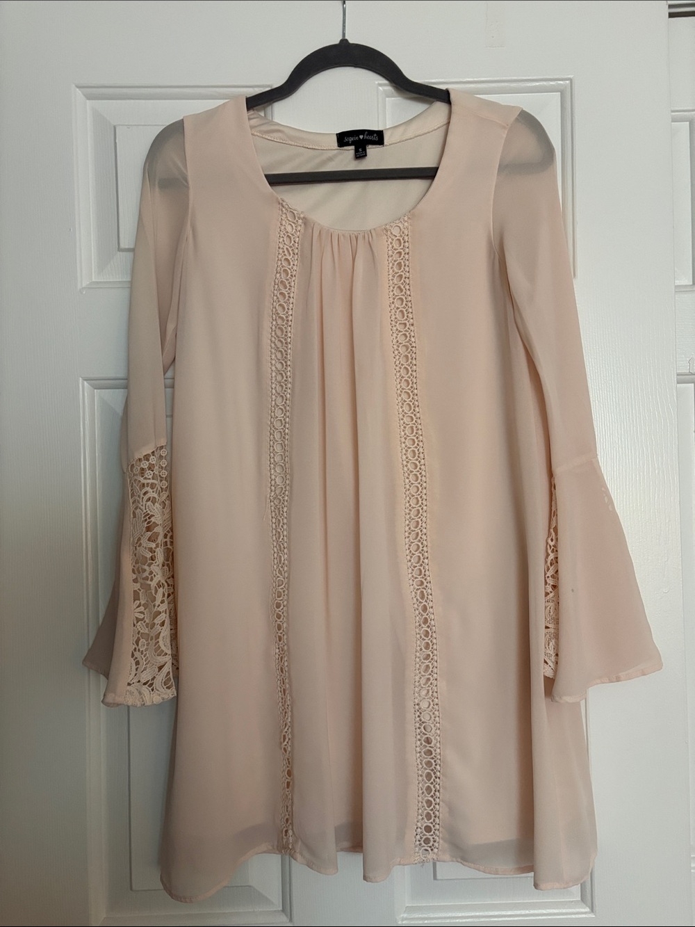 Sequin Hearts Blush Pink Lace-Panel Long Sleeve Dress
